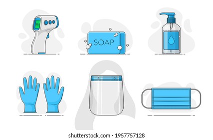 Vector set PPE covid 19 protection and prevention. Template non-contact infrared thermometer, soap, disinfectant hand sanitizer antibacterial alcohol gel, sterile gloves, face shield, medical mask.