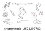 Vector set of pregnancy icons in one line style. Continuous line drawing of pregnant woman, Ultrasound, new born baby, pregnancy test and baby pacifier