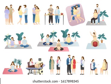 vector set of pregnancy and maternity scenes. collection of pregnant woman. visiting physician, childbirth anticipation, reproductive health, happy and healthy pregnancy. flat vector illustration