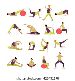 Vector set of pregnant women are doing exercise and yoga. Design elements and icons isolated on white background.