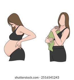 Vector set for pregnant women and motherhood, pregnant and after birth. Mom hug newborn baby. Illustration isolated on white background.