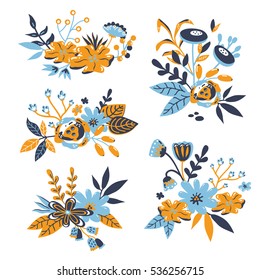 vector set of pre-made bouquets with doodle hand drawn elements: branches, flowers, leaves, berries