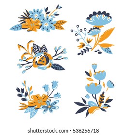 vector set of pre-made bouquets with doodle hand drawn elements: branches, flowers, leaves, berries