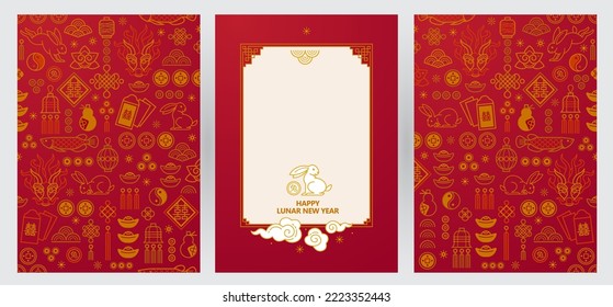 Vector set with premade cards, banners template. Chinese illustration of Rabbit Zodiac sign. Place for text. Symbol of 2023 in the Chinese Lunar calendar. Rabbit, Chine Calendar. Translate: Rabbit