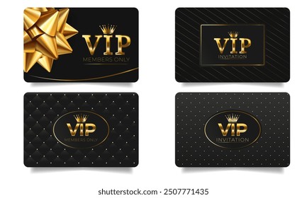Vector set of premium layouts for VIP cards and invitations. EPS 10. Black plastic card. Gold, crown