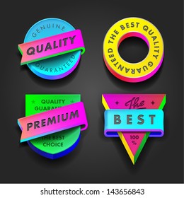 Vector set premium quality and guarantee multicolored labels three-dimensional design.