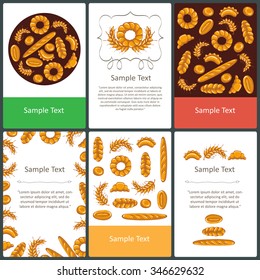 Vector set of prepared cards with freshly baked bread and wheat ears. Colored cards on the theme of bakery, food. Vector templates. Backgrounds for use in design