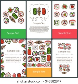 Vector set of prepared cards with hand drawn sushi and rolls. Colored cards on the theme of Japanese food. Backgrounds for use in design