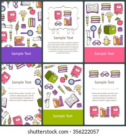 Vector set of prepared cards with hand drawn books. Colored cards on the theme of education, knowledge. Vector templates. Backgrounds for use in design