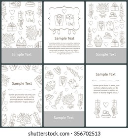 Vector set of prepared cards with hand drawn symbols of wedding. Cards on the theme of love. Vector templates. Backgrounds for use in design
