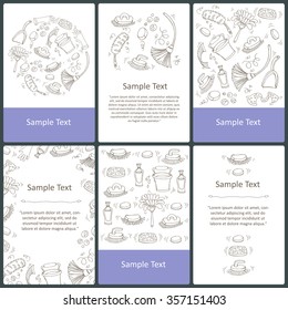 Vector set of prepared cards with hand drawn symbols of cleaning service. Cards on the theme of cleanliness. Vector templates. Backgrounds for use in design