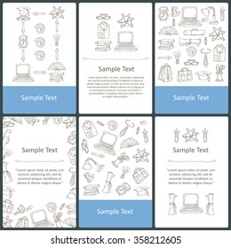 Vector set of prepared cards with hand drawn symbols of education. Cards on the theme of knowledge, business. Vector templates. Backgrounds for use in design