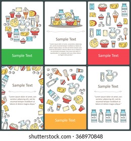 Vector set of prepared cards with hand drawn dairy products, milk. Colored cards on the theme of food and drink. Vector templates. Backgrounds for use in design