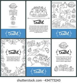 Vector set of prepared cards with hand drawn symbols of travel and tourism. Colored cards on the theme of road trip. Vector templates. Backgrounds for use in design