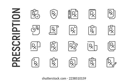 Vektorset von rezeptpflichtigen Dünnliniensymbonen. Design von 20 Takt Piktogramme. Zeichen der Verschreibung einzeln auf weißem Hintergrund.