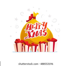 Vector set of present bag and gift boxes isolated on white background. Happy New Year, Merry Christmas, xmas decoration design element. Good for congratulation card, banner, leaflet. Cartoon style.