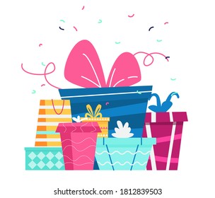 Vector Set Of Present Boxes In Flat Style. Isolated On White.