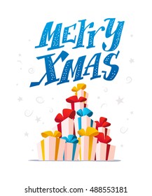 Vector set of present and gift boxes isolated on white background. Happy New Year, Merry Christmas, xmas decoration design element. Good for congratulation card, banner, leaflet, flayer. Cartoon style