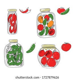 Conjunto vectorial de alimentos conservados en macetas con verduras. Aislado sobre fondo blanco. Comida casera. Fondo de alimentación agrícola.