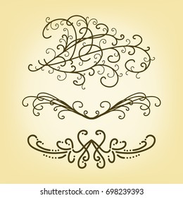 Vector set of pretty border or underline design elements or paragraph text dividers, fancy scrollwork, decorative curls, hand drawn wedding announcement or invitation detail in elegant vintage style