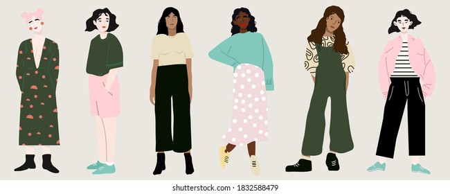 Conjunto de vectores.
Chicas bonitas posando en poses diferentes. Diseño plano. Diseño para afiches, tarjetas, invitaciones, carteles, folletos, volantes, web.