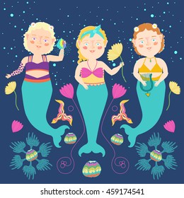 Vector set with pretty mermaids illustration. Colorful  set of sea life. Mermaid girls, sea shell, waterlily, seaweed, harp.