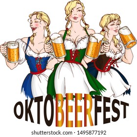 Vector set with pretty octoberfest girls with glass mugs of beer.  Card , poster.