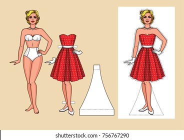 Vector Set Of Pretty Woman In Underwear. Vintage Dress And Shoes For The Party.
Realistic Cartoon Paper Doll With Clothes Isolated Of Background