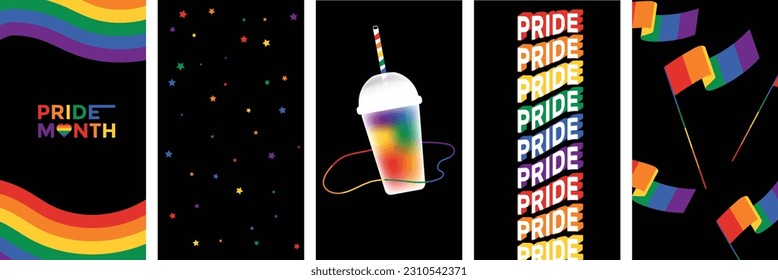 Vector set for pride month. Lgbt social media story collection on black background.Gay pride flag. Premium.Colorful.Poster,background,banner ,cover.Wave text.Rainbow backgrounds.Stars,Slushy cup.