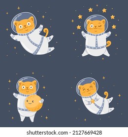Vector set for print for children's clothing. Cute astronaut cats, moon, stars. Cat in a suit.