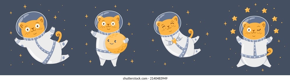 Vector set for print for children's clothing. Cute astronaut cats, moon, stars. Cat in a suit.