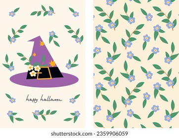 Vector set of print and pattern with a witch hat, with delicate flowers and a handwritten inscription Happy Halloween
