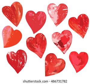 A vector set of print stamped mixed media hearts, isolated on white. Watercolor love signs for design