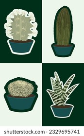 Vektor-Set druckbare Kaktus-Kartengrafik. Kakteen im blau-grünen Topf. Aufkleber Astrophytum asterias, Sansevieria Trifasciata, Mammillaria, Cleistocactus Strauß in Vektorgrafik 