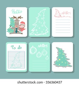 Vector set of printable cards, stickers and tags with inscriptions. Boy in pajamas hugging a reindeer under the tree. 
