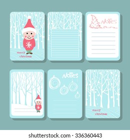 Vector set of printable cards, stickers and tags with inscriptions. The boy in the red suit. Congratulations. Merry Christmas. Snow, forest, edge.
