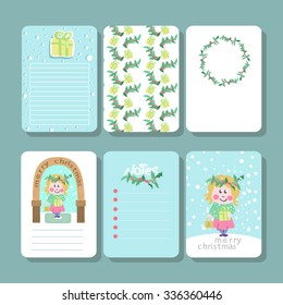 Vector set of printable cards, stickers and tags with inscriptions. Girl with gifts. Congratulations. Merry Christmas. Pattern. 