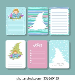 Vector set of printable cards, stickers and tags with inscriptions. The girl in the blanket under the tree. A Cup of cocoa. Pillows and jewelry.
