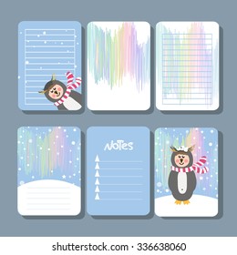 Vector set of printable cards, stickers and tags with inscriptions. Penguin wearing a scarf at the North pole. Northern lights, snow,stargazing.
