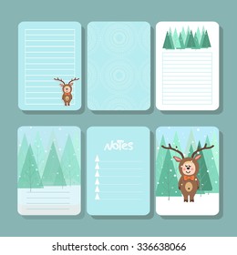Vector set of printable cards, stickers and tags with inscriptions. Reindeer at the North pole.Forest, pine, spruce.
