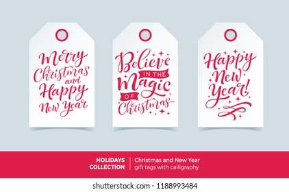 Vector set of printable holidays labels with calligraphy. Merry Christmas and Happy New Year ready-to-use gift tags. Hand drawn lettering, seasonal design for badge, cards, prins, signs or banners