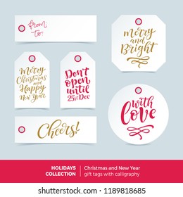 Vector set of printable holidays labels with calligraphy. Merry Christmas and Happy New Year ready-to-use gift tags. Hand drawn lettering, seasonal design for badge, cards, prins, signs or banners