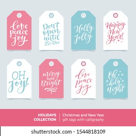 Vector set of printable holidays labels with calligraphy. Merry Christmas and Happy New Year ready-to-use gift tags. Hand drawn lettering, seasonal design for badge, cards, prins, signs or banners