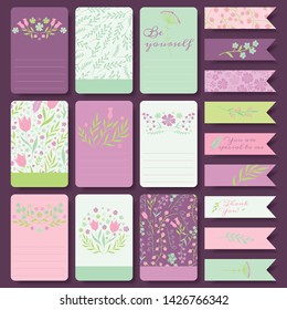 Vector set of printable note cards, stickers and tags with floral drawings