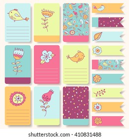 Vector set of printable note cards, stickers and tags with cute summer doodles