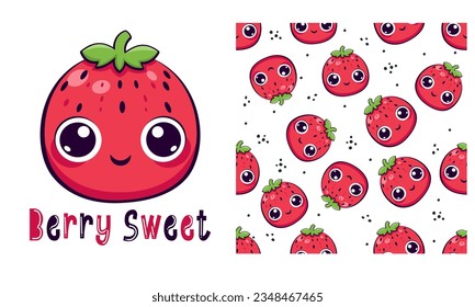 Vector set. Printable print and seamless abstract vector pattern. Cute strawberries and sweet berry lettering . Vector illustration
