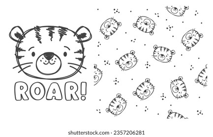 Vector set. Printable print and seamless abstract vector pattern. Cute tiger cub and Roar lettering. Children's hand-drawn line drawing 