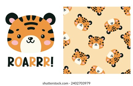 Vector set. Printable print and seamless abstract vector pattern. Cute tiger cub and Roar lettering 