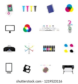 Vector set of printing or graphic arts icons for printing plant, printing house or graphic studio – printers, colors, tools and other illustrations isolated on a white background