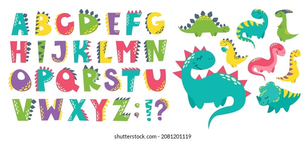 Vector set for printing on baby clothes. Different cute dinosaurs, alphabet stylized as dinosaurs. Bright letters and monsters.